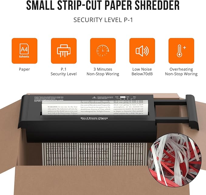 Suntiko Small Paper Shredder for Home, 6 Sheet Strip Cut Paper Shredder Without Basket,Portable Shredder Extendable Arm Design with Overheat Protection for Home Office