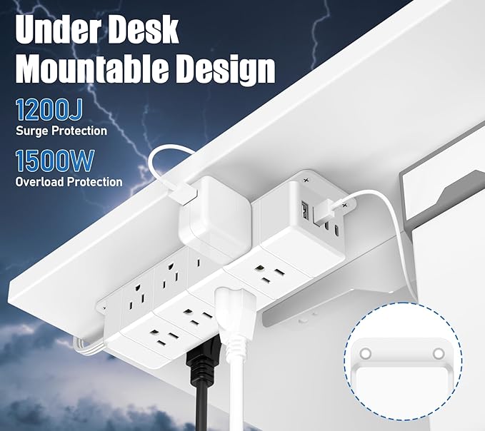 45W USB-C Fast Charging Under Desk Power Strip,12 Outlet Mountable Power Strip with 4 USB,1200J Surge Protection,10FT Flat Extension Cord