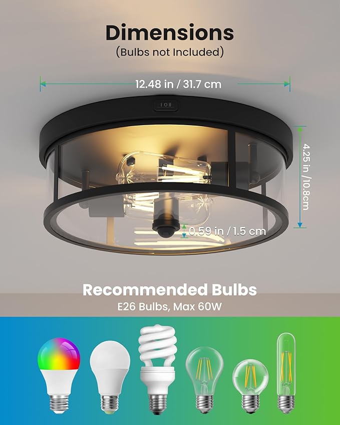 Craftersmark 2Pack Outdoor Flush Mount Ceiling Light 12.5In - Motion Sensor Porch Light, 2-Light E26 Socket, Durable Iron & Clear Glass, Light Fixtures for Porch, Driveway, Covered Patio, Farmhouse