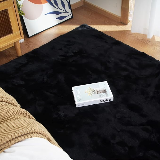 Latepis 6x9 Area Rugs for Living Room Fluffy Black Rug for Bedroom Large Washable Faux Rabbit Fur Plush Shag Rugs Super Soft Throw Rug for Nursery Home Decor