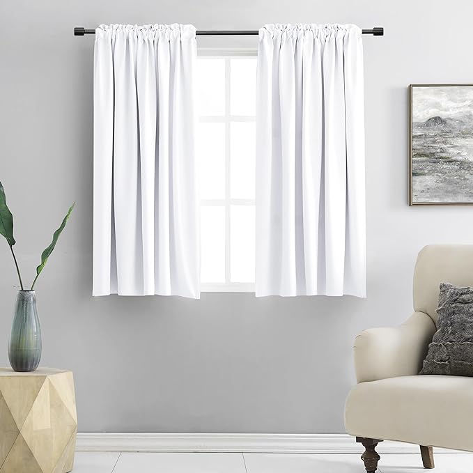 Pure White Kitchen Short Curtain Panels 45 inch Length, 50% Light Blocking by DONREN