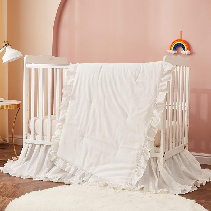 Brandream Boho Bohemian Girl Baby Nursery Crib Bed Skirt Dust Ruffle - Neutral Solid Color Beige Cream Off White Farmhouse Chic 100% Washed Cotton Ruffle
