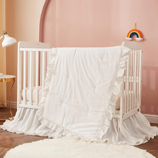 Brandream Boho Bohemian Girl Baby Nursery Crib Bed Skirt Dust Ruffle - Neutral Solid Color Beige Cream Off White Farmhouse Chic 100% Washed Cotton Ruffle