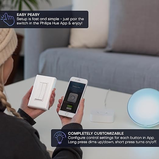 RunLessWire Click for Philips Hue – Battery-Free Wireless Smart Light Switch, 30ft Range – Works Natively with Philips Hue Bridge – Wall Mount Kinetic Switch - Decora Style, Light Almond