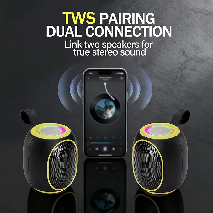 Portable Bluetooth Speaker – 8W HD audio quality, TWS stereo pairing, LED light show, compact and portable, suitable for outdoor use, can be used in cars, travel and parties, a cool teen gift(Yellow)
