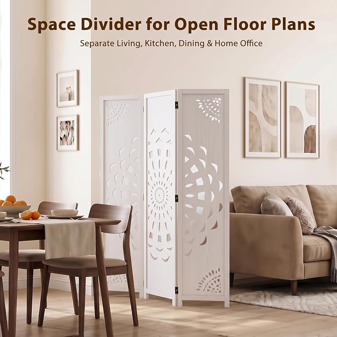 3 Panel Room dividers, 66.9" Boho Double-Sided Carved Screen, Freestanding - Image 7