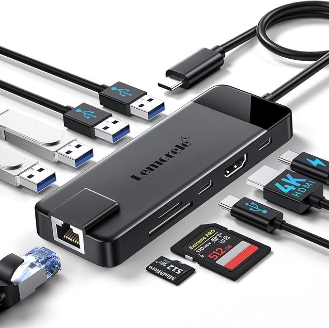 Lemorele USB C Hub Multiport Adapter 10-in-1 USB C Dongle for MacBook Pro Air, Gigabit Ethernet with 4K HDMI, 100W PD, USB 3.0 5Gbps Port, SD/TF Card Reader Adapter, Compatible for Windows/Mac/iPad…