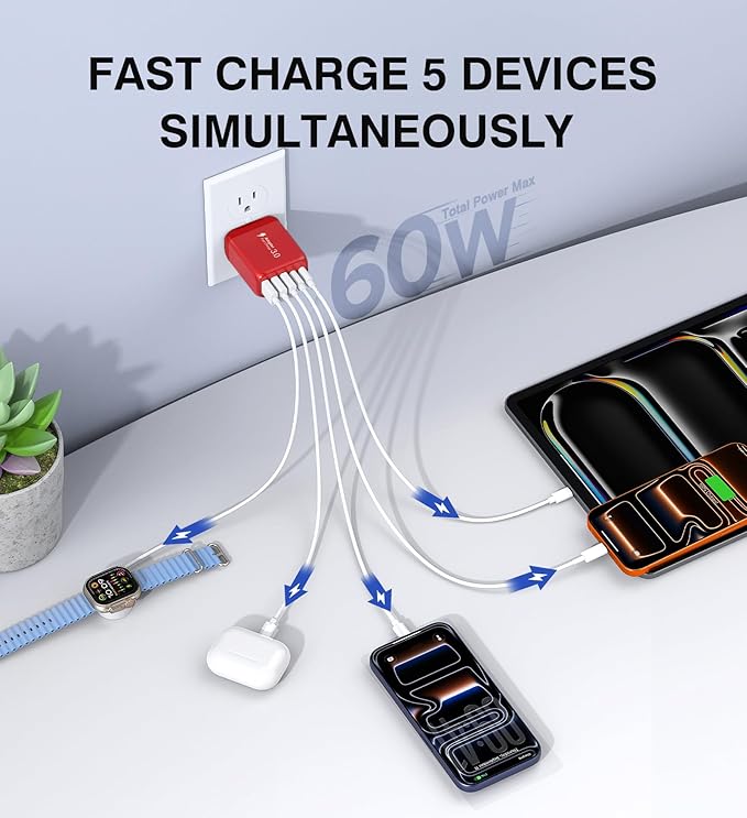 60W USB C Wall Charger, 2Pack 5-Port C Charger Fast Charging Block PD Power Adapter +QC 3.0 Multiport Type C Box Brick Cube USB A Wall Plug for iPhone 14/15/16/17 Pro Max, iPad,Samsung Galaxy(Red)