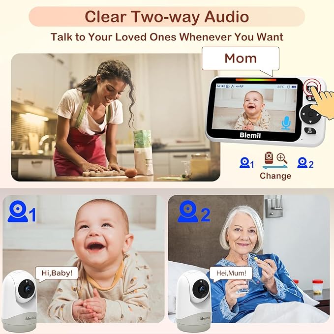 Blemil Upgrade Baby Monitor with 30-Hour Battery, 5" Large Split-Screen Video Baby Monitor with 2 Cameras and Audio, Remote Pan/Tilt/Zoom, Two-Way Talk, Room Temperature, Night Vision, 1000ft Range