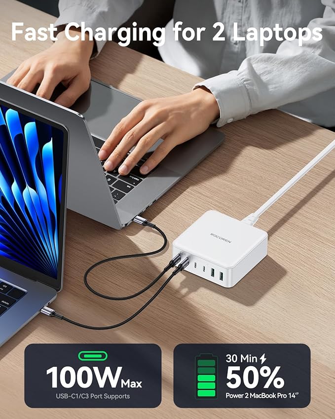 270W USB C Charger Block, Rocoren 6 Port Multi USB-C Charging Station,100W PD Fast USBC Gan Charger Station Hub Dock for Multiple Devices, Laptop Type C for MacBook/iPhone 17/iPad/Galaxy S25 (White)