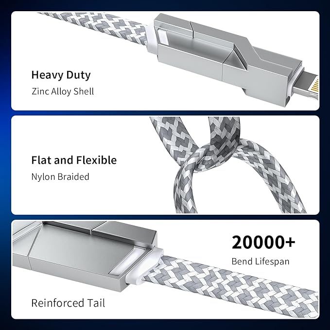 66W 4 in 1 Charging Cable,Fast Multi Charging Cable 5FT,USB C Cable Fast Charge&Data Transfer, Type C 66W 27W PD Multiple Charger Cord for iPhone16/15/14/13 Series/Phones/Pads/Laptop and More-Silver