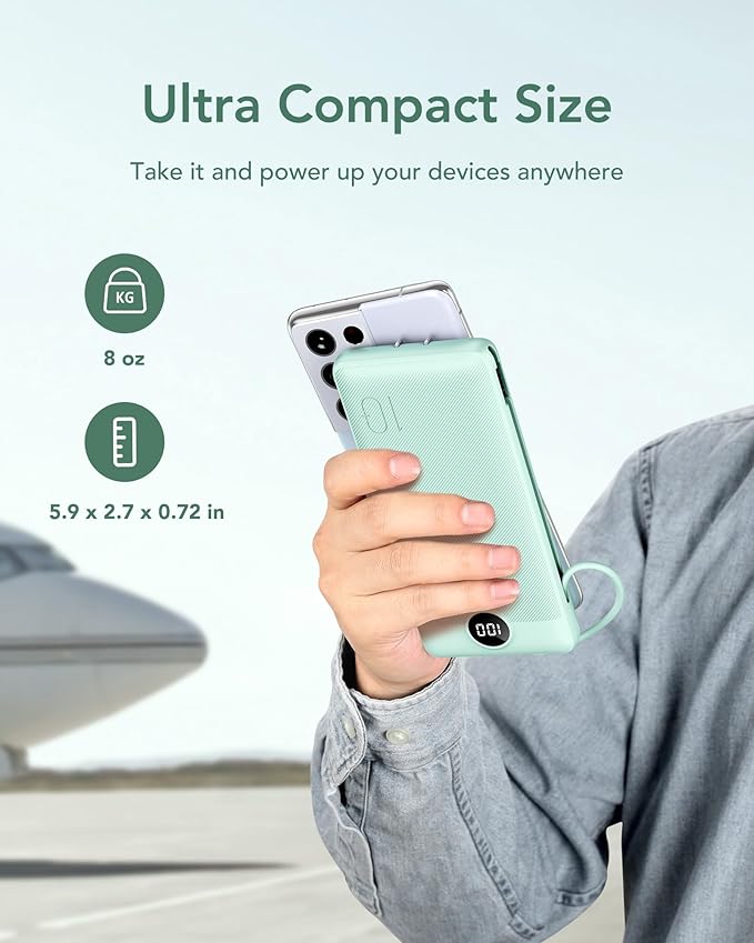 VEGER Portable Charger with Built-in AC Plug and Cables, All in One 10000mAh Ultra Slim Power Bank Travel Essentials, 15W Fast Charging Battery Pack Compatible with iPhone, Samsung, Android (Green)