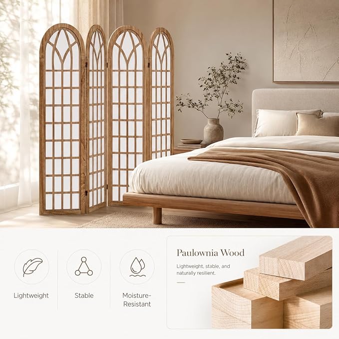 4 Panel Shoji Room Divider Folding Privacy Screen Light Brown | Freestanding - Image 4