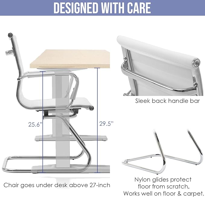 Wahson Office Guest Chairs Set of 2, Leather Reception Chairs, Mid Back Waiting Room Chair, Conference Chairs with Sled Base, Desk Chair No Wheels for Meeting/Lobby/Restroom, White