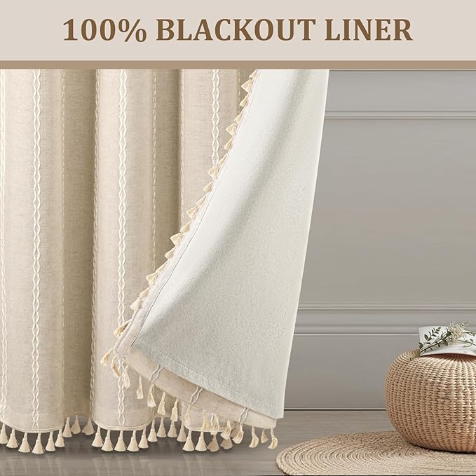 Boho 100% Blackout Curtains 90 Inch 2 Panels Linen Blend Beige | Vintage - Image 2