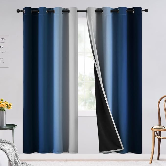 SimpleHome 100% Blackout Ombre Bedroom Curtains Blue and Greyish White by SimpleHome
