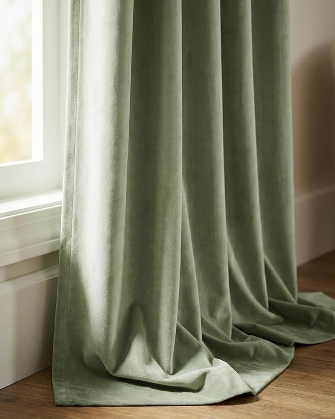 Back Tab Sage Green Velvet Blackout Curtains 108 inches, 2 Panels | Thermal - Image 9