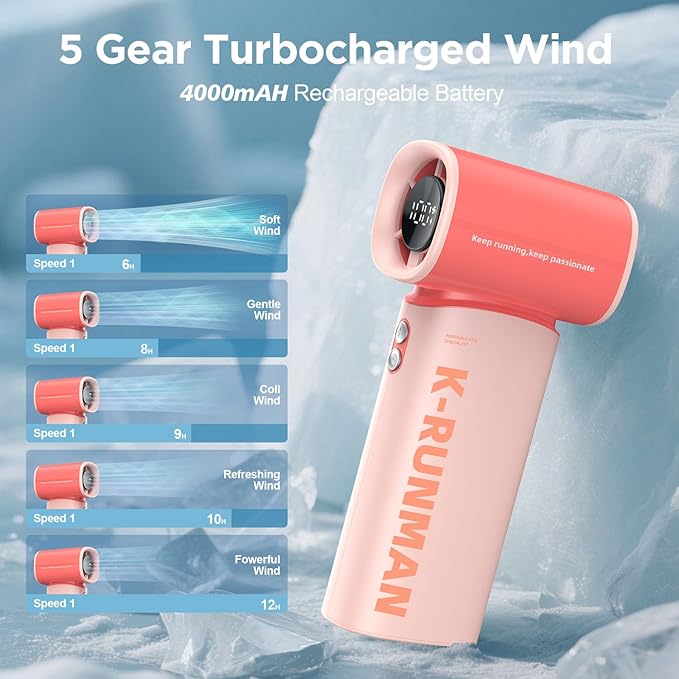 K-RUNMAN Portable Handheld Turbo Fan,100 Speeds Adjustable Mini Personal Fan, 4000mAh USB Rechargeable Battery Operated, LED Display,Gifts for Women Men Travel/Camping/Outdoor (Pink)