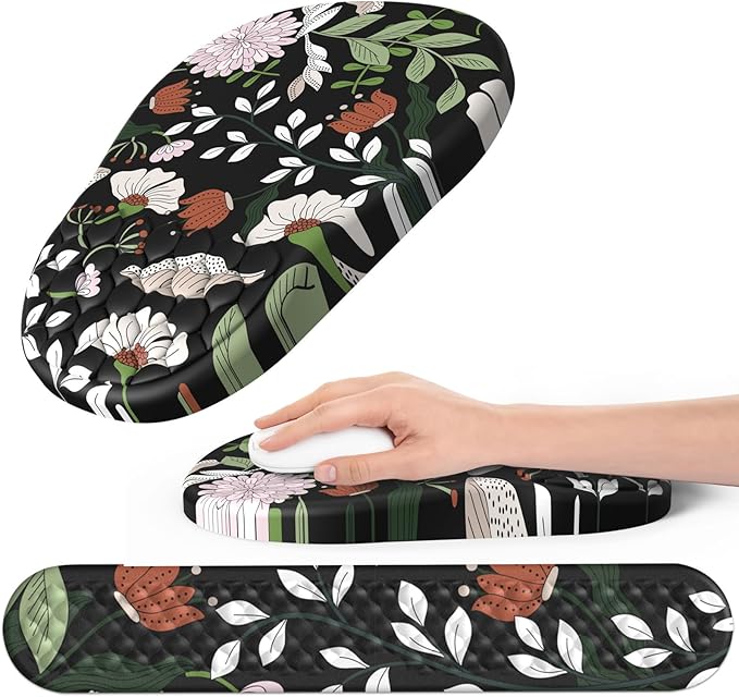 Hasinart Ergonomic Mouse Pad and Keyboard Wrist Rest with Massage Design, Space-Saving Mouse Pad Wrist Support, Memory Foam Wrist Rest with Non-Slip PU Base for Computer Desk, Multiflora