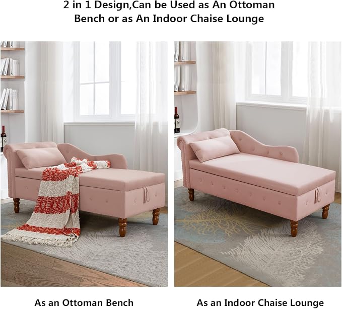 Aoowow Pink Velvet Bedroom Storage Bench End of Bed, Rolled Arm Couch Indoor - Image 6