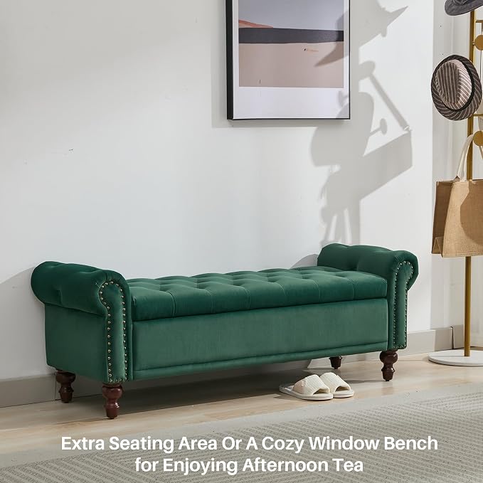 SOFTHION 58.1" Storage Bench for Bedroom, Velvet Upholstered, Dark Green | End - Image 7