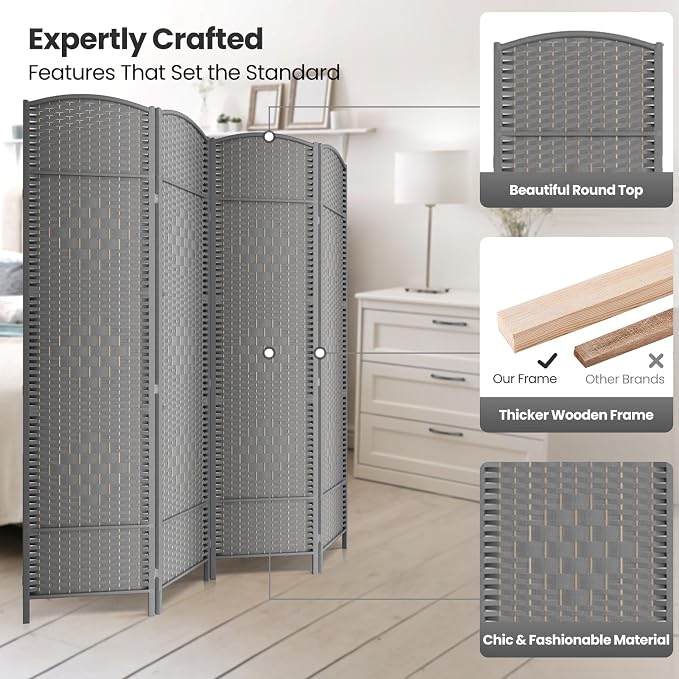 4 Panel Folding Room Divider, Woven Privacy Screen, handcrafted diamond pattern - Image 2