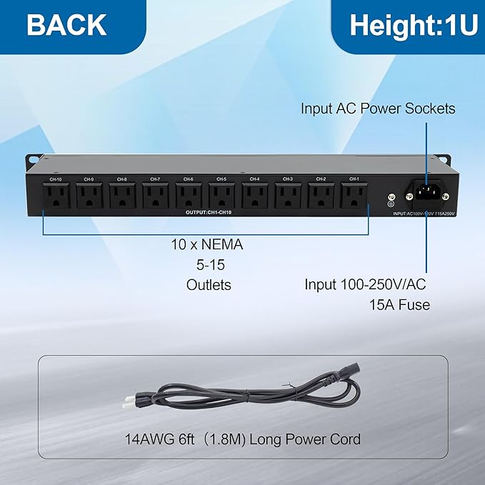 ThePoEstore 10 Outlets 1U Horizontal PDU Network Rackmount Power Strip with Surge Protector, (SPD-10KA) 100-240V,15A 3600 Joules, w/10 LED Switches and 6ft 14 AWG Cord