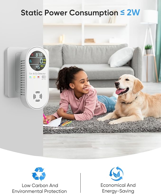 Vilfet Carbon Monoxide Detectors and Natural Gas Detector, 4-in-1 Carbon Monoxide Detectors Plug in, Gas Leak Detector with Dual Alarms, Temperature & Humidity Sensor for Home, RV, White, 2 Pack