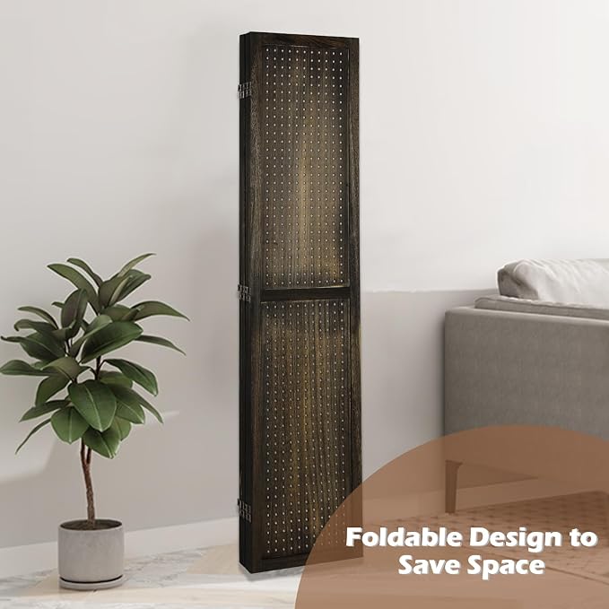 4 Panel Pegboard Room Divider | Brown Wood Folding Privacy Screen - Image 7