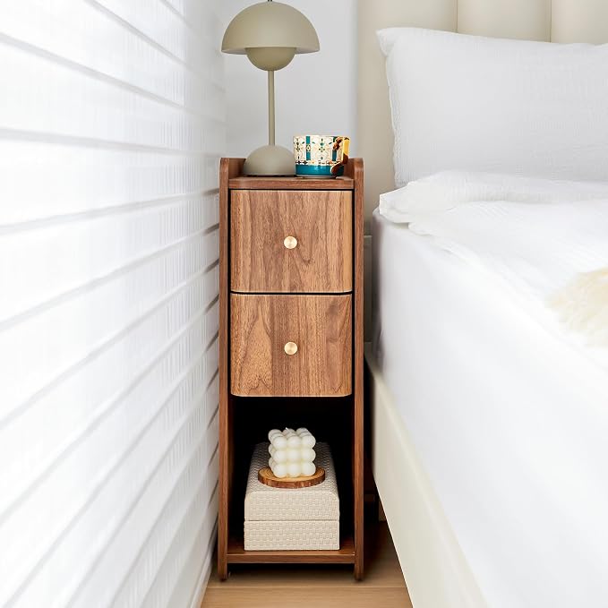 Narrow Nightstand Set of 2, Wooden Small 2 Drawer Nightstand, Slim Side End by FurSchFurniture
