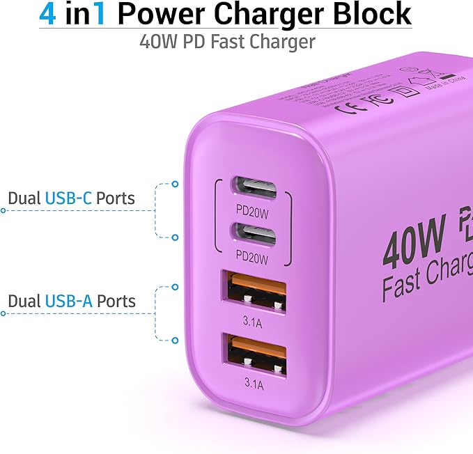 TT&C USB C Block 40W, 4 Ports Wall Plug Fast Charging Block, PD+QC Multiport Power Adapter USB C Charger Type C for iPhone 17,17 Air, 17 Pro,17 Pro Max, 16,15,14,13,12, Galaxy Phones (Purple 1Pack)
