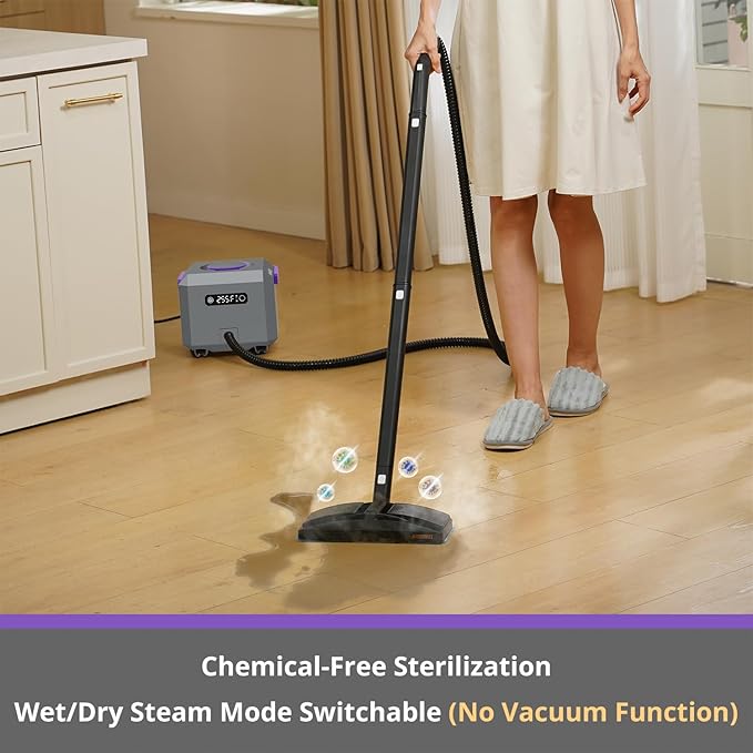 awasky Canister Steam Cleaner: 50-Sec Heat-Up, 0.6 Gal Tank Refill Anytime (Non-Pressurized), 1650W, 60 PSI, 21-Pcs Kit, Dry/Wet Modes, Detachable Hose for Tile Grout Furniture Floor Car Cleaning Gray
