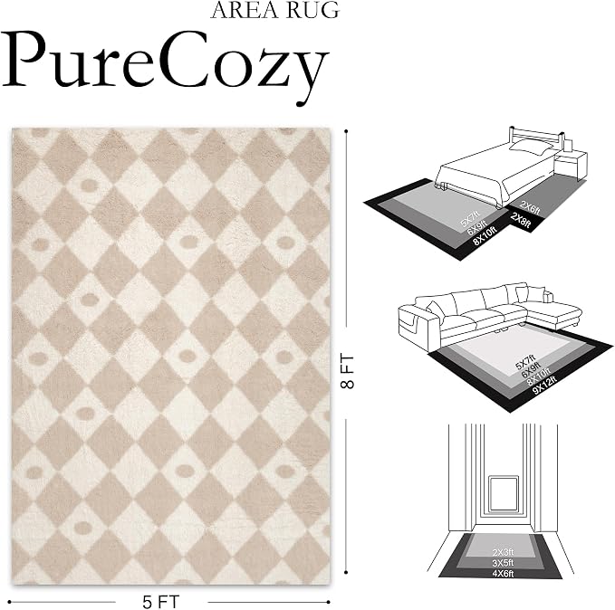 Beige 5x8 Area Rug for Living Room Soft Checkered Shag Carpet | Machine Washable - Image 2