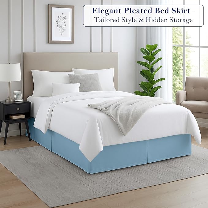 Twin Bed Skirt, Luxury 14 Inch Drop Light Blue Pleated Bed Skirt, Double Brushed Microfiber, Box Pleat Design, Wrinkle & Fade Resistant, Easy Fit Tailored Bedskirt for Twin Size Beds