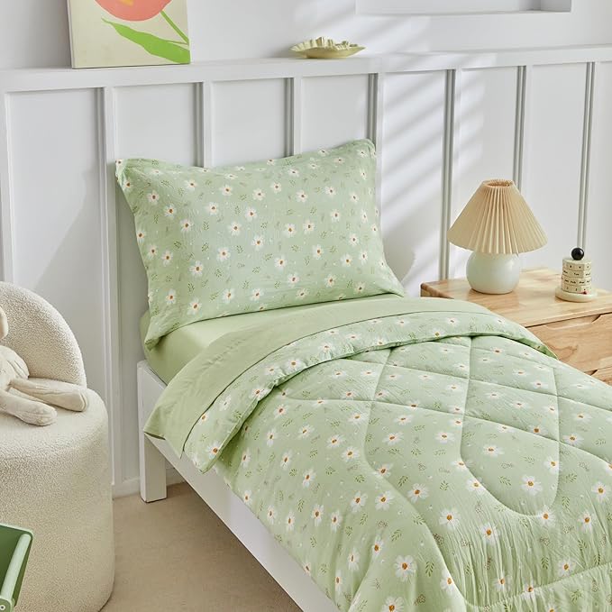 DuShow Green Floral Toddler Bedding Set,4 Pieces Toddler Crib Bed Sheet Set for Girls and Boys,Soft Toddler Comforter Set Includes Comforter,Flat Sheet,Fitted Sheet,Pillowcase