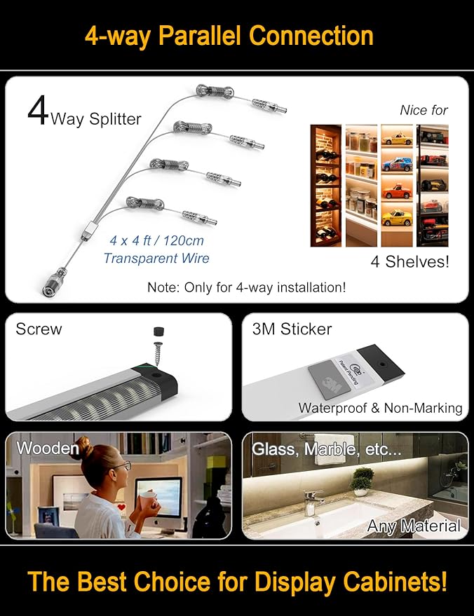 EBD LED Display Cabinet Lighting 4-Way 1.2m / 48" Splitter Parallel Connection Shelf Lights Touch Bookcase Lighting 4 Panels Counter Light Bar Energy 1800 Lm 3000K for Kitchen Pantry Garage Closet