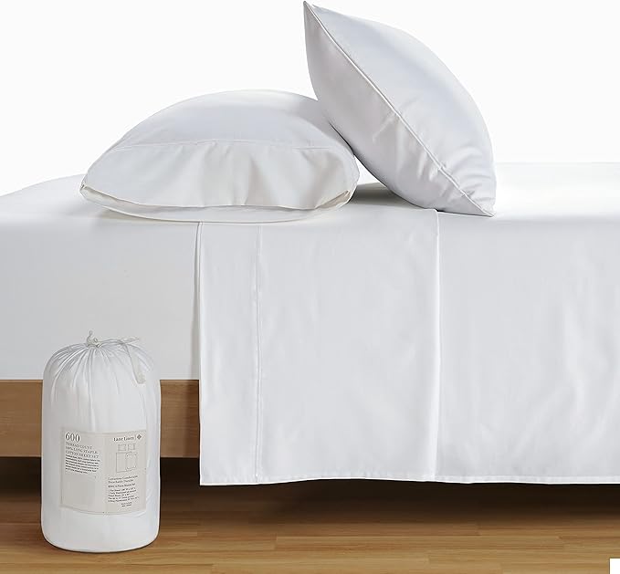 LANE LINEN Queen Sheet Set - 600 Thread Count Premium Soft Long Staple 100% Cotton Sheets, Hotel Luxury Sateen Silky Finish, Snug Fit 15" Deep Pocket, Low Pill, Machine Washable - White Sheets
