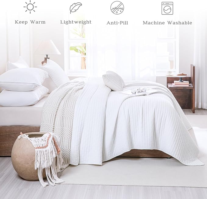 CozyTide Oversized King Quilt 120"x120", Stone-Washed Bright White Cotton - Image 2