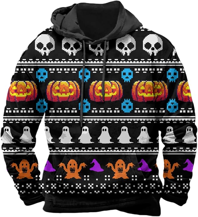 Halloween Hoodie Men Graphic Pumpkin Ghost Printed Sweatshirt Casual Trendy Long Sleeve Halloween Hooded Tops with Pockets