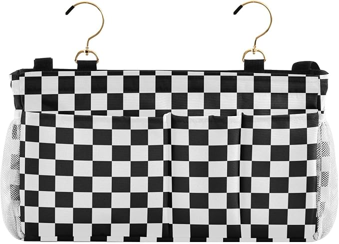 Black White Checkerboard Print Bedside Caddy Storage Bag Bedside Organizer - Image 2