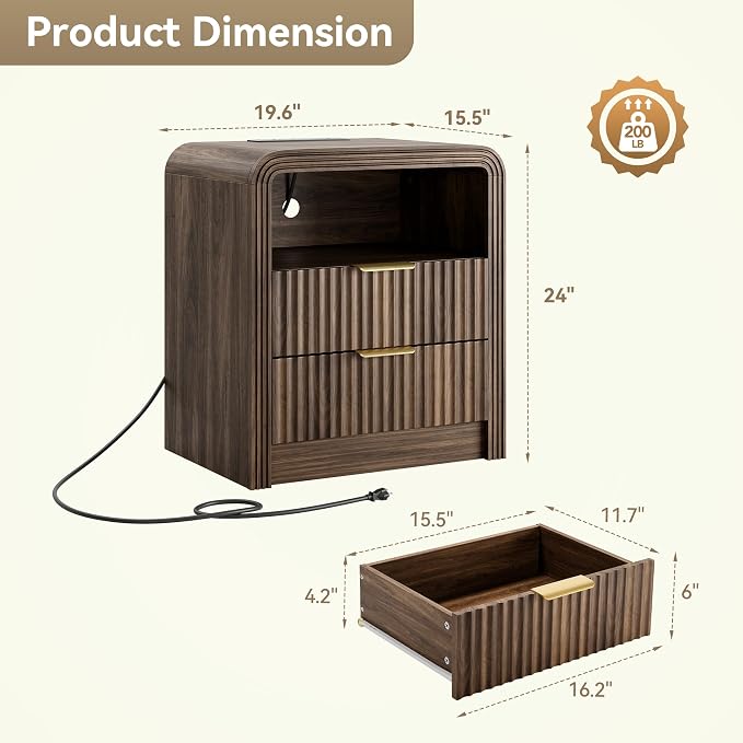 Decofy Fluted Nightstand with Charging Station, 19.7'' Wide Morden End Table - Image 2