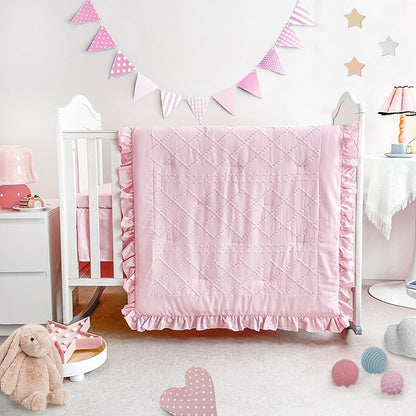 Wowelife Boho Mini Crib Bedding Set for Girls, 3 Piece Tufted Jacquard Ruffle Fringe Baby Girl Crib Bedding Set Newborn, Infant & Nursery with Comforter, Crib Fitted Sheet and Crib Skirt, Pink