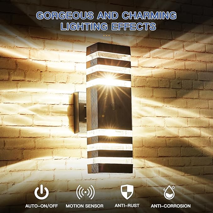 2 Pack Motion Sensor Outdoor Wall Light Fixture Up Down Porch Lights Modern Dusk to Dawn Exterior Sconce Light Wall Mount Outside Coach Lantern for House Front Door Garage (With 4 Dimmable Warm Bulbs)