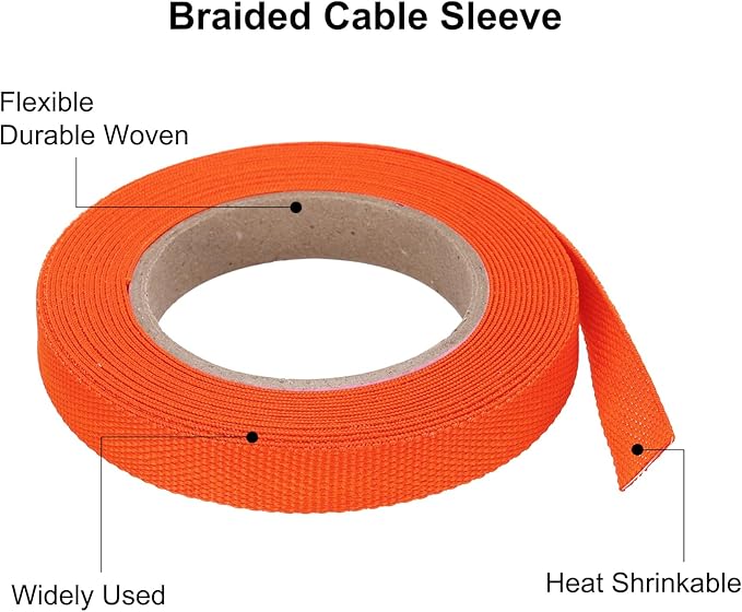 MECCANIXITY Braided Cable Sleeves Heat Shrinkable Fabric Sleeving, 5/16" 16ft Orange 2:1 Ratio Heat Shrinkable Cord Protector for Harness Cable, Network Cable Protection, Cable Management
