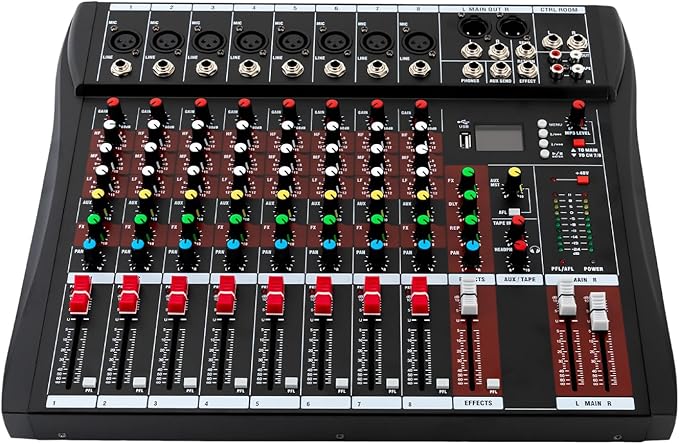 8 Channel Audio Mixer, Professional Audio Mixer with Bluetooth, 48V Phantom Power for Studio Recording, Karaoke and Live Performances