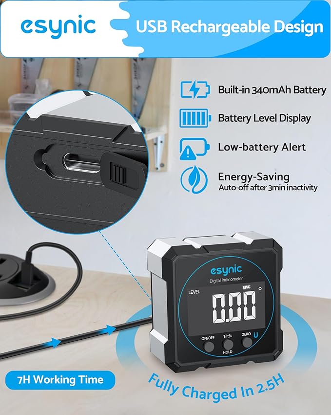 eSynic Digital Level Box - 4-Side Magnetic Digital Angle Gauge with 0.05° High Precision & Large LCD Display- Rechargeable IP54 Waterproof Inclinometer, Aluminum Frame for Woodworking/Construction