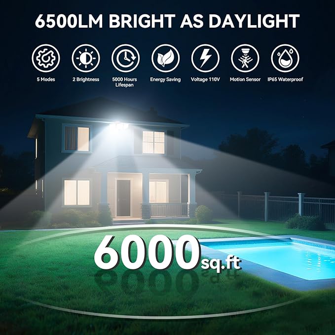 PURICH LED Security Lights Motion Sensor Outdoor Lights, 5000K Daylight, IP65 Waterproof, Dusk to Dawn, 3-Head Motion Detected Flood Light for Garage, Yard, Porch, White