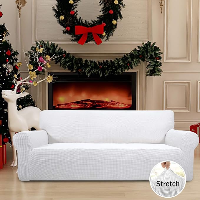 Easy-Going Stretch Sofa Slipcover 1-Piece Sofa Cover Furniture Protector Couch Soft with Elastic Bottom for Kids, Polyester Spandex Jacquard Fabric Small Checks (Sofa, Snow White)
