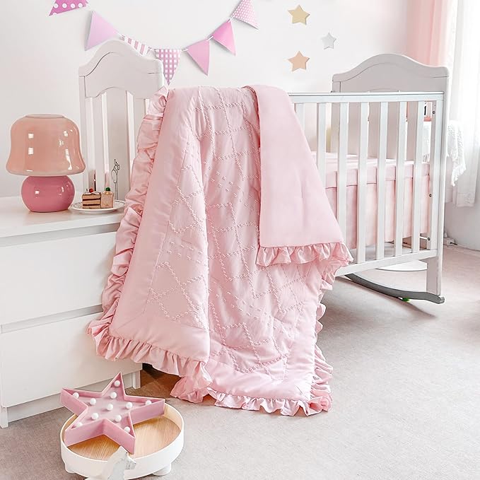 Wowelife Baby Girl Crib Bedding Set, Boho 3-Piece Crib Comforter Set for Girls, Ruffle Baby Nursery Bedding Set Include Quilted Comforter, Crib Skirt and Sheet, Pink