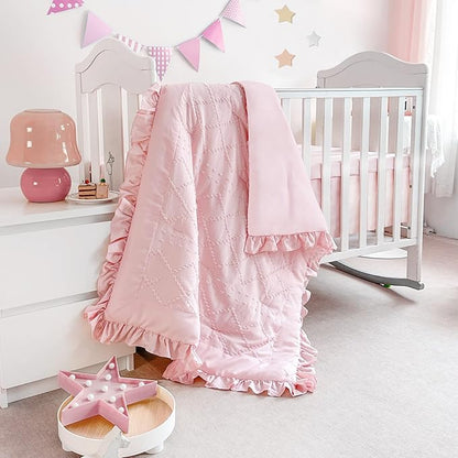 Wowelife Baby Girl Crib Bedding Set, Boho 3-Piece Crib Comforter Set for Girls, Ruffle Baby Nursery Bedding Set Include Quilted Comforter, Crib Skirt and Sheet, Pink